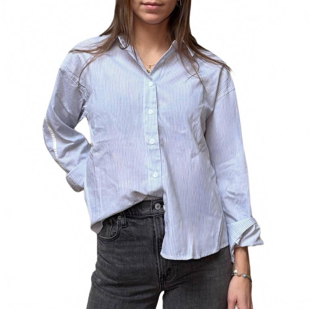 NEW SUNDAY EDITION pinstripe button down with stripe detail shirt in blue